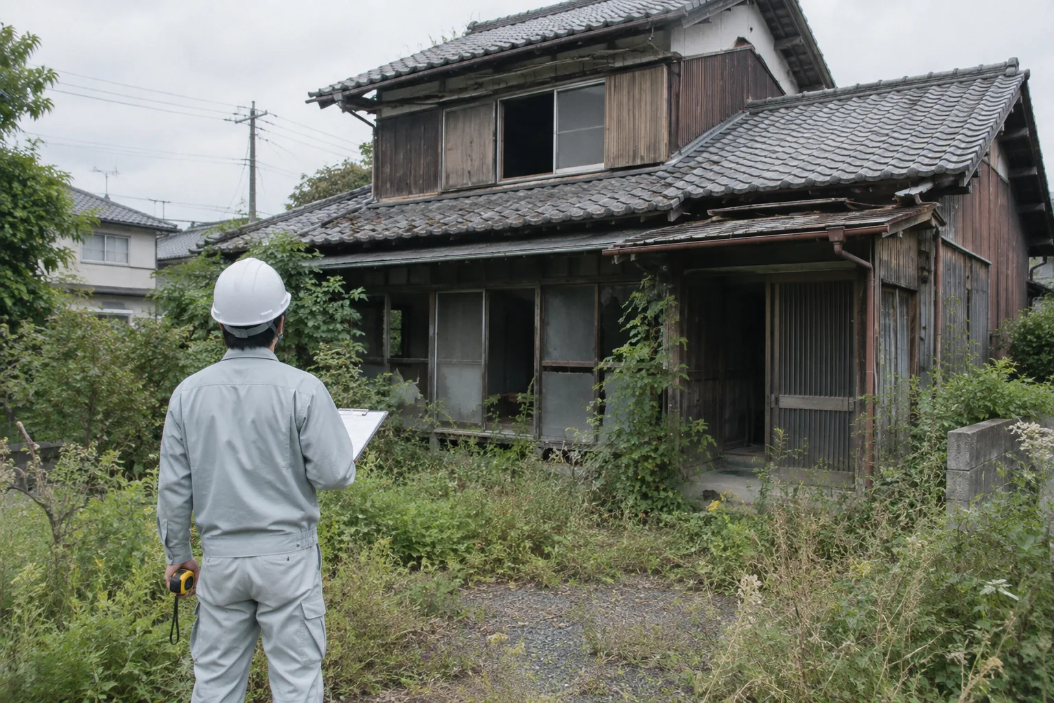 草の伸びた古い木造の空き家を、解体の前に調べるスタッフ