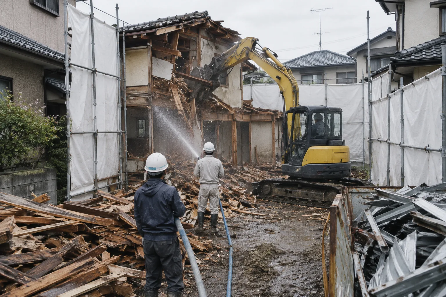 養生シートで囲み、水をまきながら木造住宅を重機で解体している現場