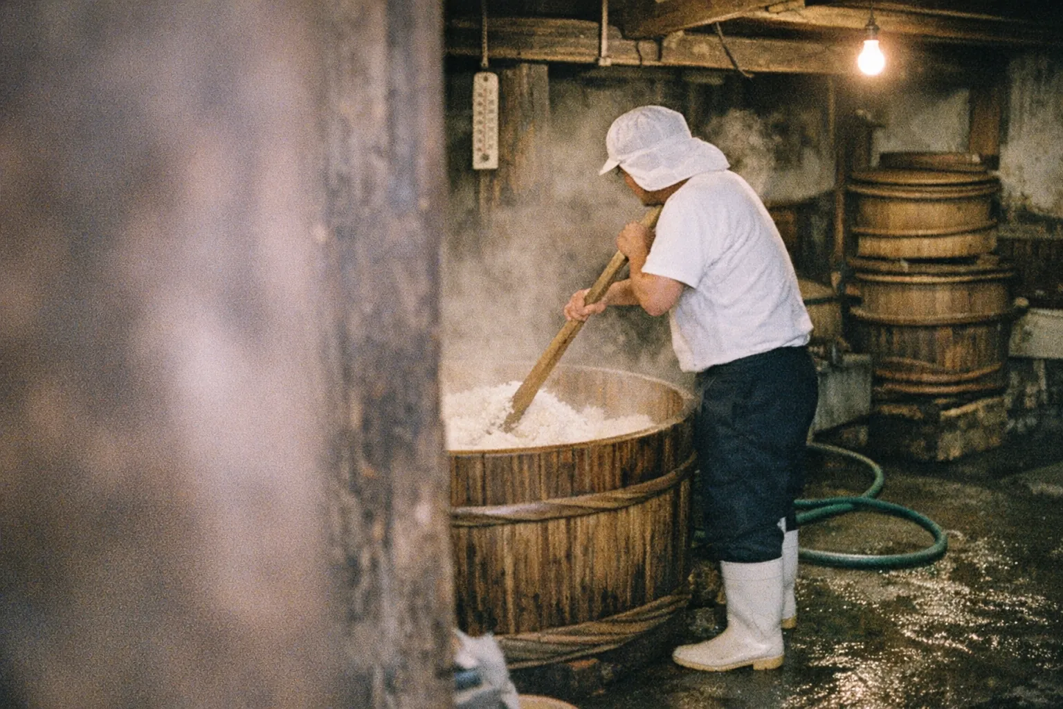 酒蔵で蒸米を木桶でかき混ぜる蔵人