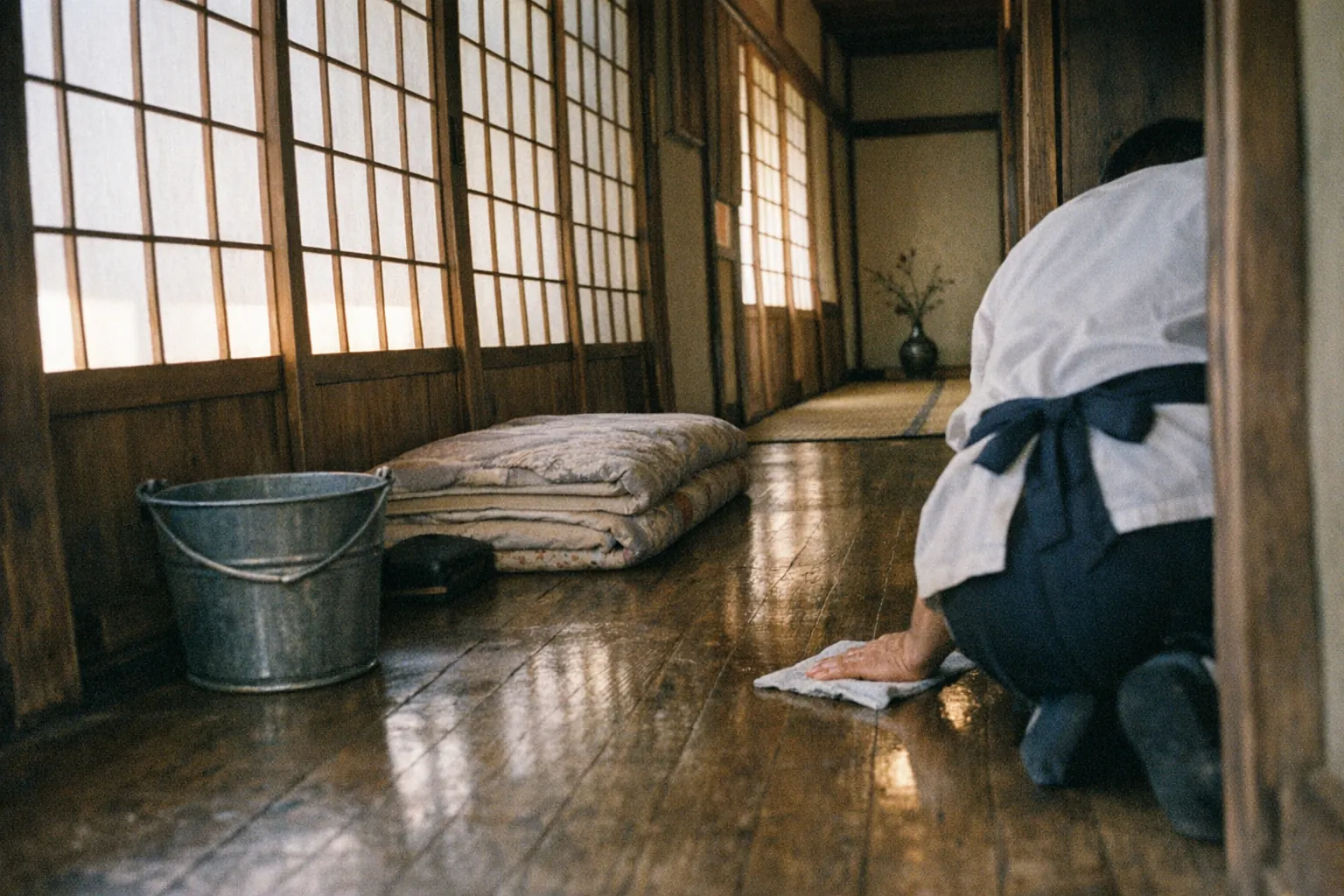 朝の光が差す旅館の廊下を拭く女将の後ろ姿