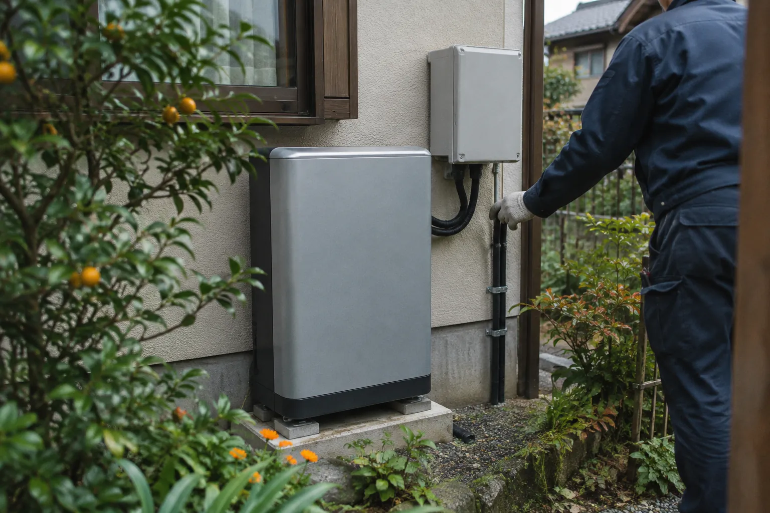 戸建ての外壁に置いた家庭用蓄電池を点検する施工スタッフ