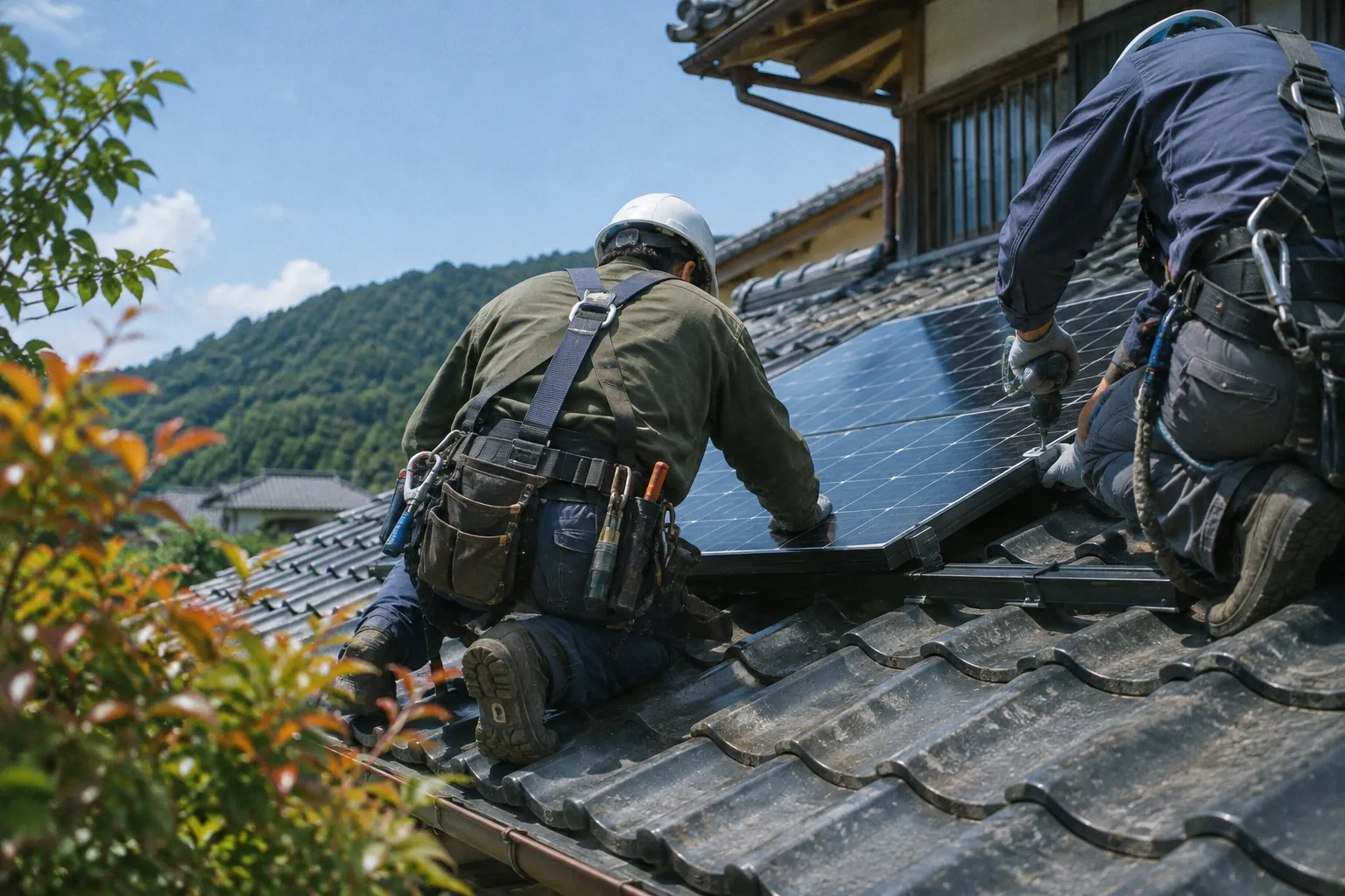 瓦屋根に太陽光パネルを取り付ける施工スタッフ