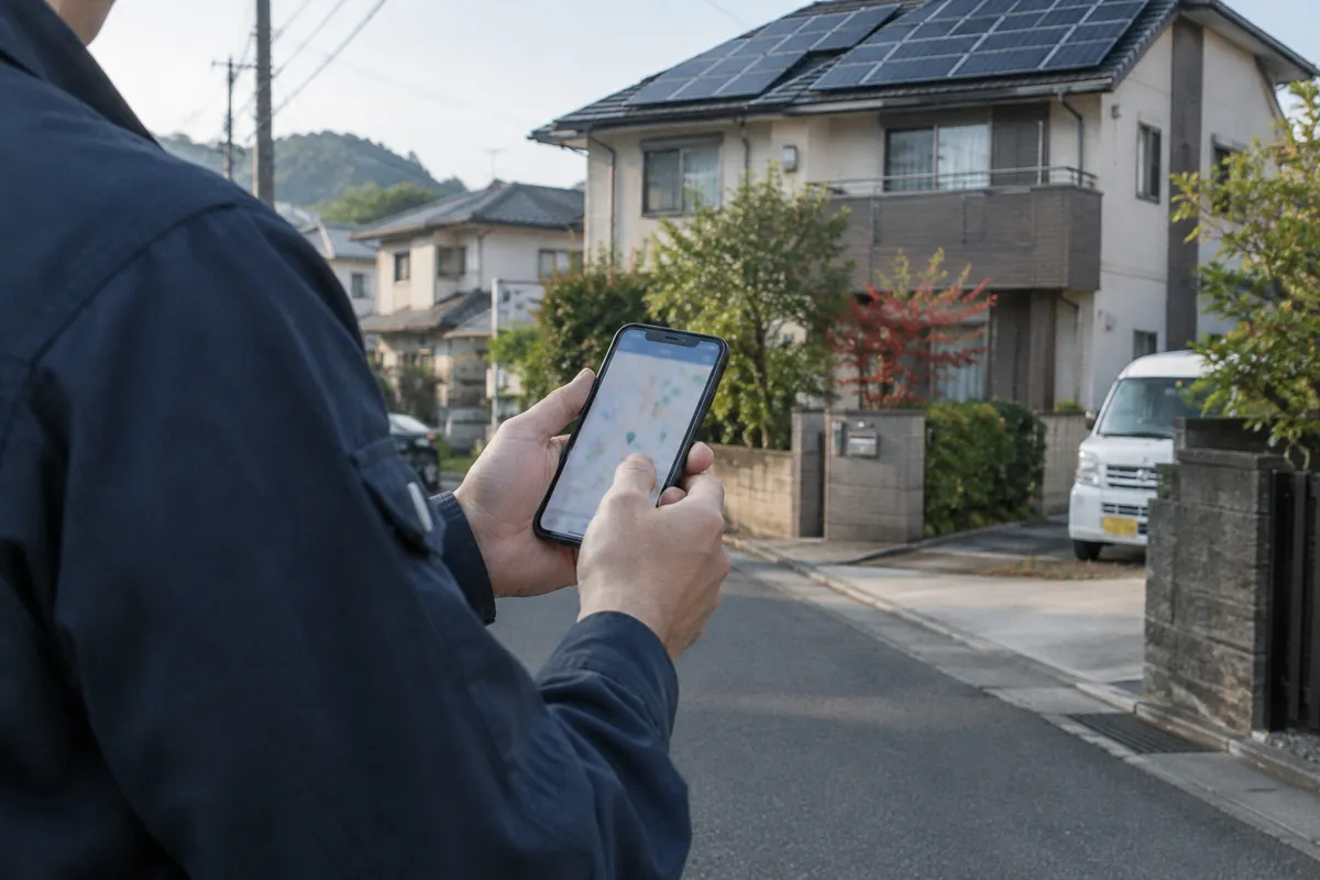 住宅街の家の前で、スマートフォンの地図を見ながら屋根を見上げている作業着の人の手元