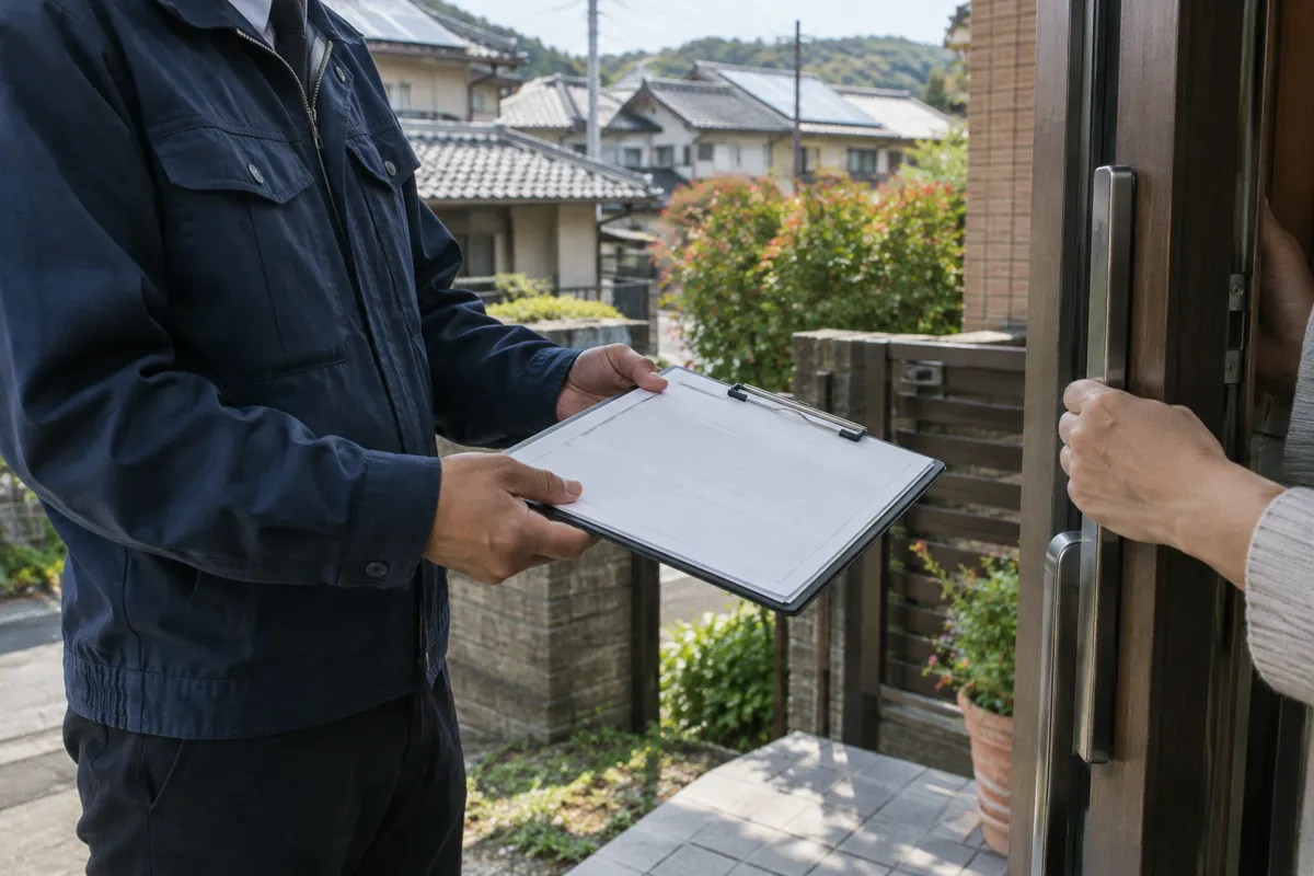 戸建て住宅の玄関先で、作業着の営業担当がクリップボードの資料を家の人に見せている手元