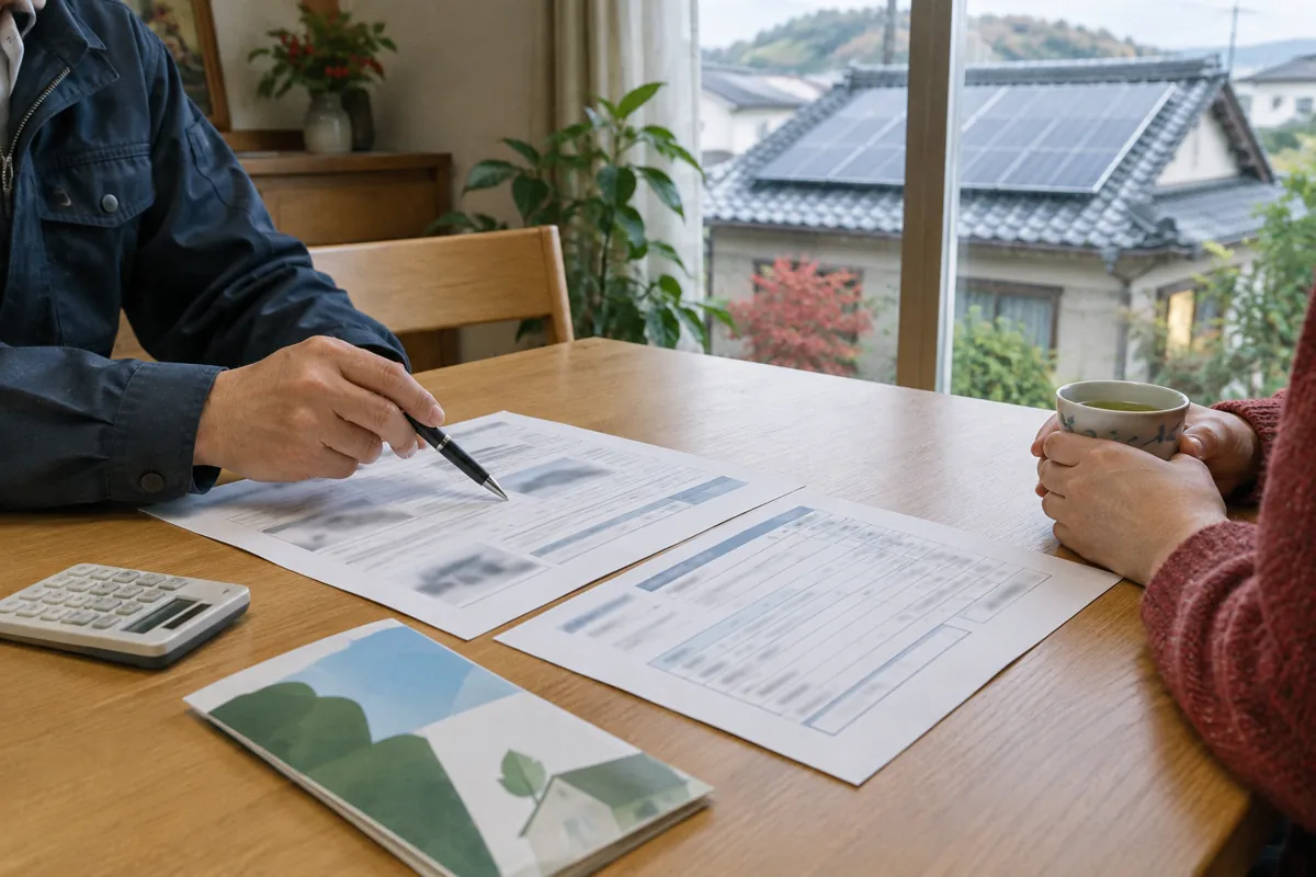 戸建て住宅のダイニングテーブルで、補助金の資料と見積書を広げ、ペンで指し示しながら説明している手元