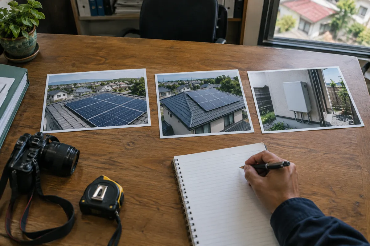 事務所の机に屋根の太陽光パネルと外壁の蓄電池の写真を並べ、ノートにメモを書いている手元